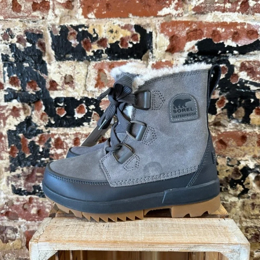 Sorel Explorer Joan Waterproof Boots Quarry Grey Faux Fur NL3425-052 Womens 6